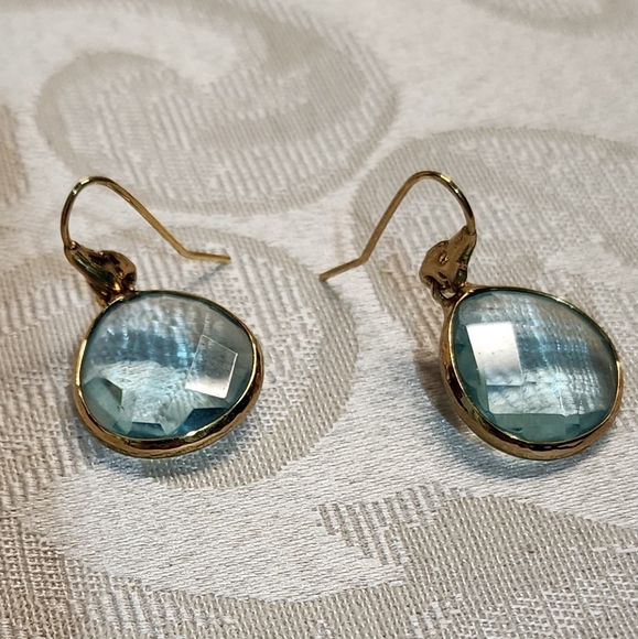 VINTAGE BLUE TOPAZ ROUND BEZEL DROP EARRINGS GOLD PLATED 1980s - Picture 2 of 11